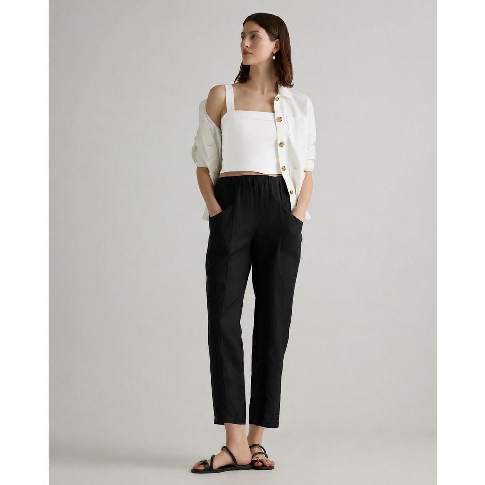 Quince Linen Tapered Ankle Pants Women's Medium Black Pull On Elastic Waist